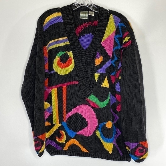 Vintage IVY 80s Abstract Black Colorful Knit Sweater Size Large - Picture 1 of 6